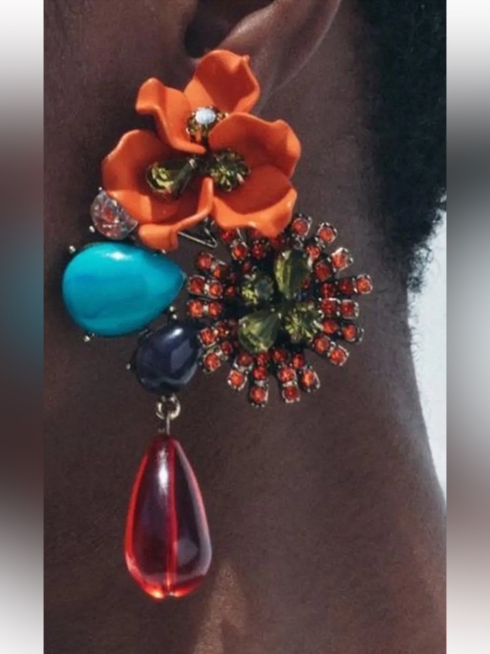 Zara Flower Jewel Earings Red Orange Turquoise Trendy Contemporary